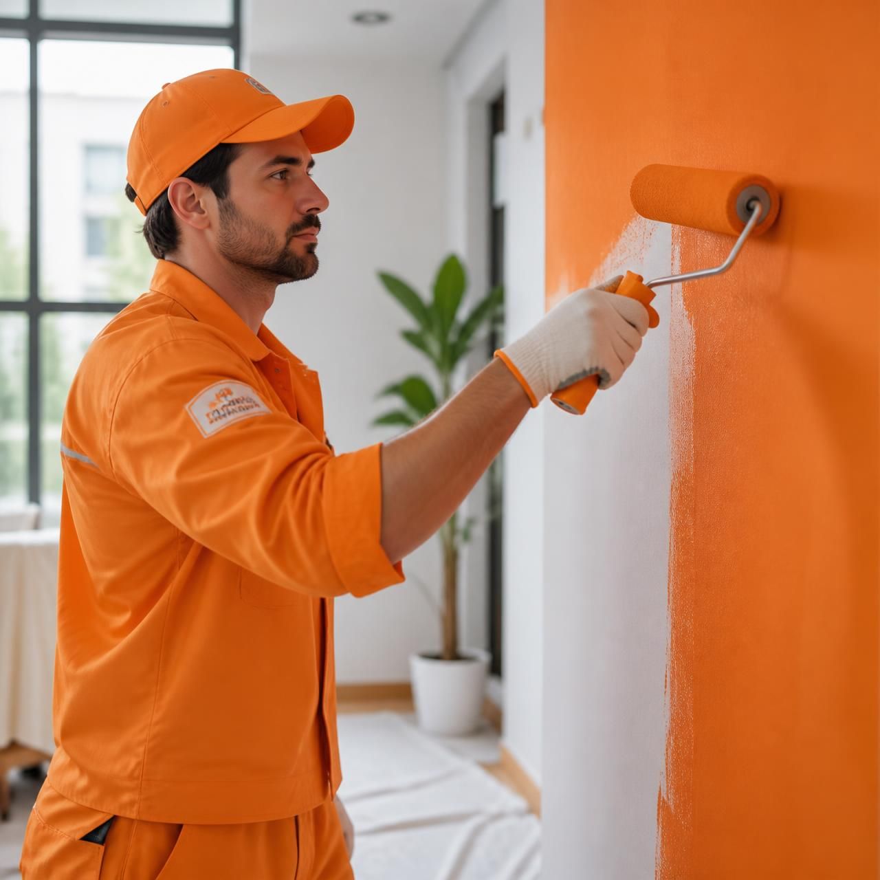 Pintor profissional aplicando tinta laranja na parede com rolo